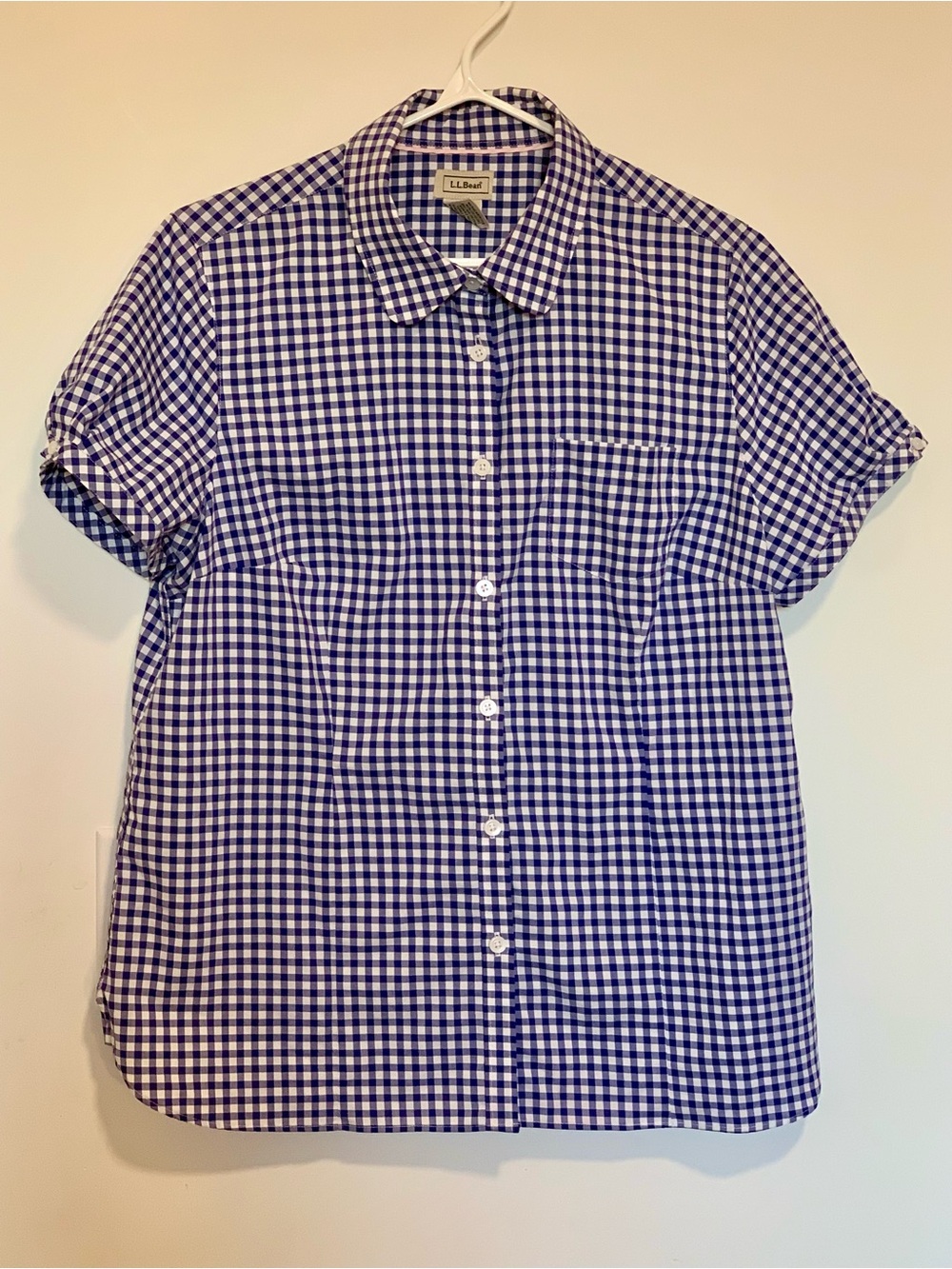 L.L.Bean Blue and white Gingham patterned button up short sleeve blouse top med